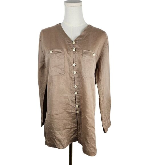 TOTOnKO Vintage Tunic Top Petite Linen Button Oversized Tan V-Neck Long Sleeve - Picture 1 of 8